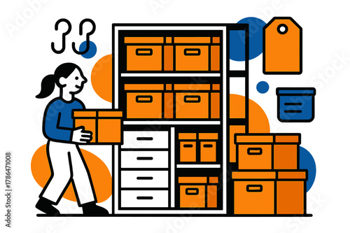 Efficient Storage Design. Maximized space. Shelving units with stacked boxes, drawers, and abstract floating