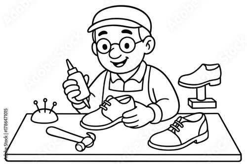 Friendly Cobbler Coloring Page. Shoe maker children?s coloring book illustration, outlined drawing, friendly
