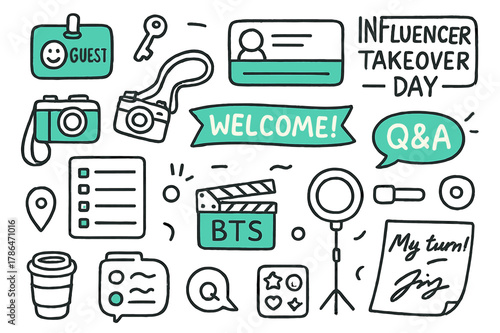 Influencer Essentials Icons. // Influencer takeover day. Hand-drawn doodle illustration influencer takeover day [guest avatar badge (accented), login key,