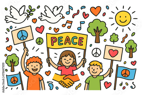 Colorful Peaceful Protest. Peaceful protest. Colorful Hand-drawn doodle Children illustration Peaceful protest signs, doves, banners, hearts, smiling faces,