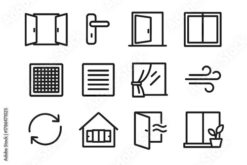 Letting Fresh Air In. Letting Fresh Air In. Line icon set of Letting Fresh Air In: open window, window handle, swinging casement, sliding window, window