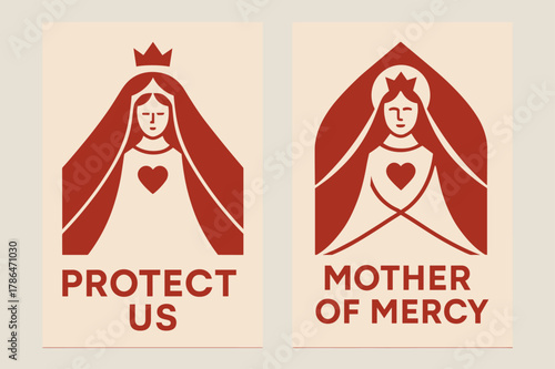 Mercy and Protection. Our Lady of Mercy. Two vertical A6 banners with safe margins, centered composition, no elements touching edges, geometric, scarlet and