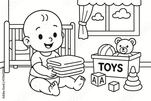 Nursery Cleanup Fun. Nursery tidy time children?s coloring book illustration, outlined drawing, a baby sitting with a stack of folded clothes beside a crib and
