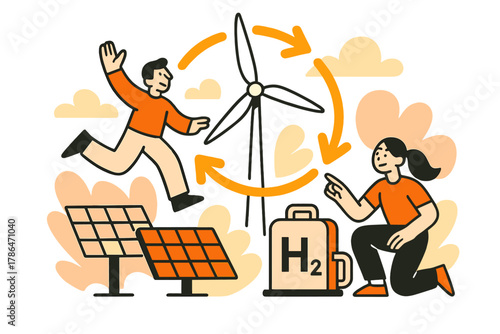 Sustainable Energy Flow. Green Energy Integration. Solar panels and wind turbines feed energy to hydrogen