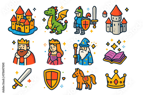 Fantasy Castle Icons. Fantasy Castle. Colorful isometric vector icons set of Fantasy Castle: dragon, knight, tower, moat, king, queen, wizard, magic, sword,