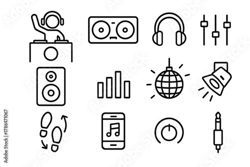 DJ Line Icon Set. DJ and Dancefloor. Line icon set of DJ and Dancefloor: DJ booth, turntables, headphones, mixer sliders, speaker, equalizer bars, disco ball,