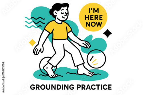 Grounding in Colors. Grounding Practice. Feet touch the floor, toes curl into soft lines of earth; ?I?m here now? floats near gentle wave patterns. Circles