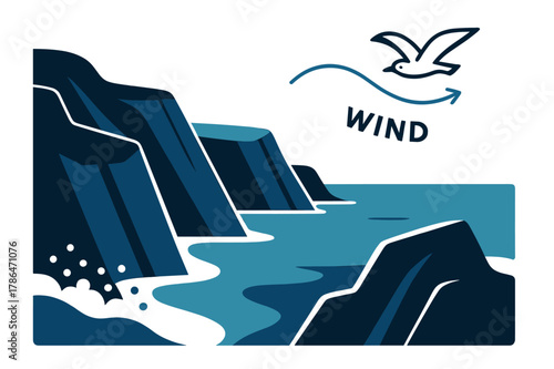 Coastal Cliffs Vector. Abstract Landscapes ? Coastal Cliffs. Bold slabs drop into a smooth sea; foam becomes simple dots that bounce against rock. A gull icon
