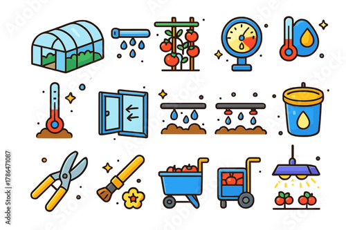 Isometric Greenhouse Icons. Greenhouse tomato cultivation. Colorful isometric vector icons set of Greenhouse tomato cultivation: greenhouse tunnel, irrigation