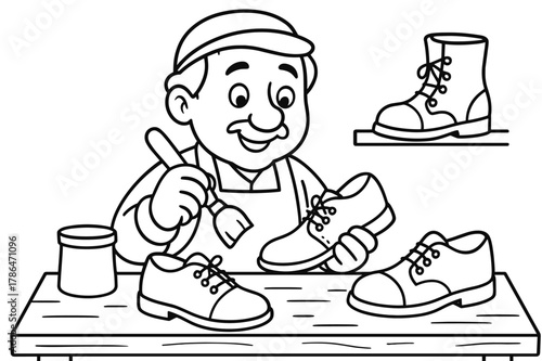 Friendly Cobbler Coloring Page. Shoe maker children?s coloring book illustration, outlined drawing, friendly