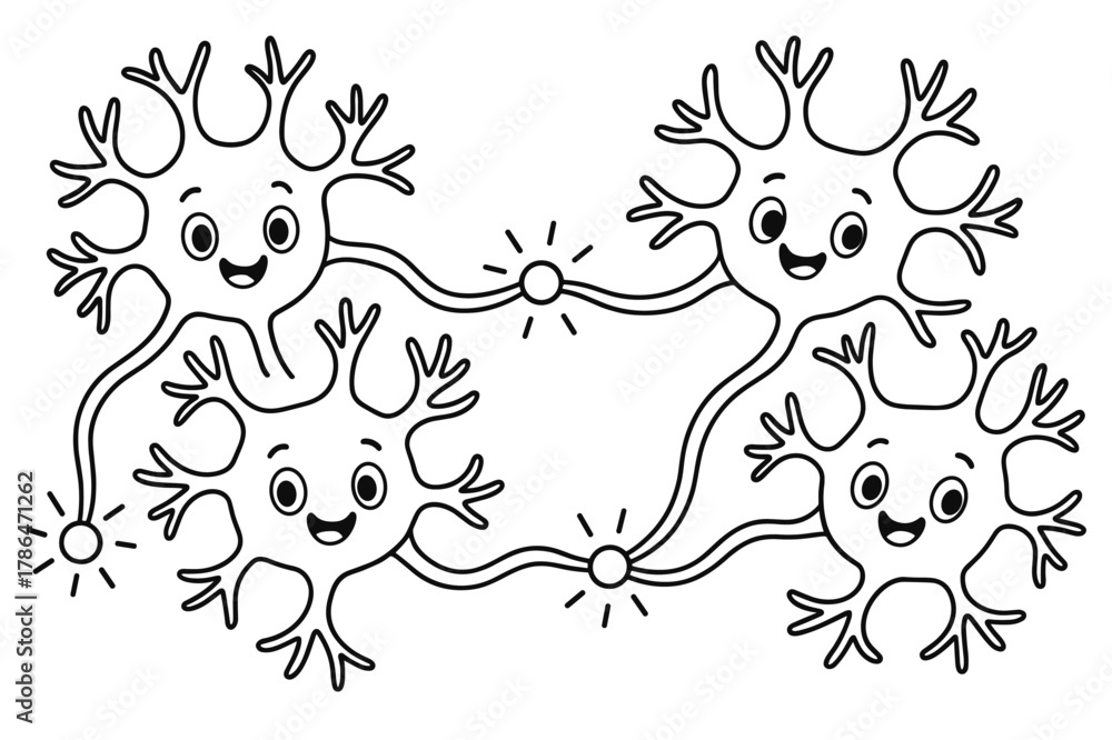 Fototapeta premium Friendly Neurons Coloring Page. Brain connections children?s coloring book illustration, outlined drawing, a group of friendly neuron characters linking
