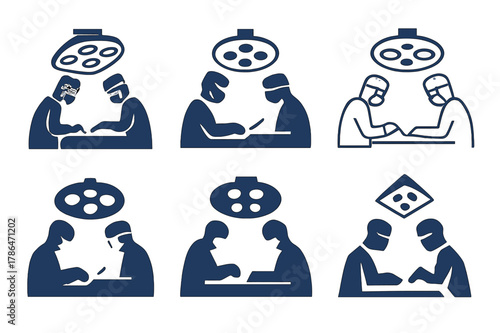 Surgical Emblem Icons. Surgeons performing medical procedures. Set Logo of Surgeons performing medical procedures: overhead operating room light array. Icon