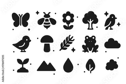 Biodiversity Icon Set. Biodiversity Farming. Solid icons set of Biodiversity Farming: butterfly, bee, flower, tree, bird, mushroom, wheat stalk, frog, plant