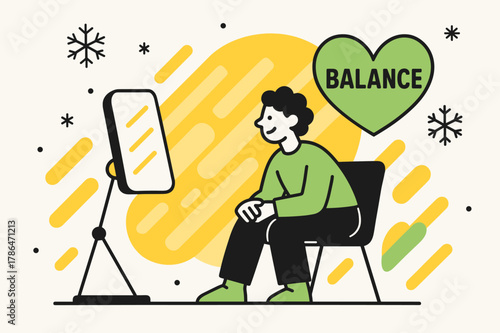 Light Therapy and Balance. Seasonal Light Therapy. A person sits beside a bright lamp; sunlight shapes overlap with heart icons labeled ?Balance.? Snowflakes