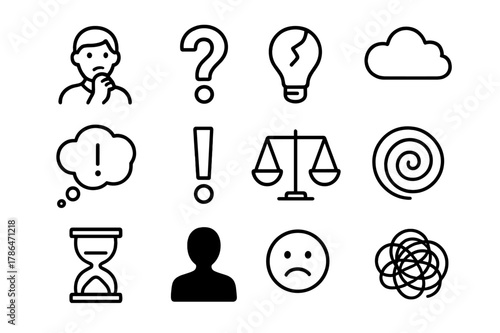 Icons of Self-Doubt. Self-doubt. Line icon set of self-doubt: person thinking, question mark, broken light bulb, cloud, thought bubble, exclamation mark,