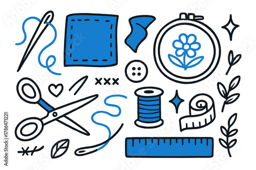 Needlecraft Hobby Icons. // Needlecraft hobby. Hand-drawn doodle illustration Needlecraft hobby [needle (accented), thread (accented), fabric (accented), hoop,