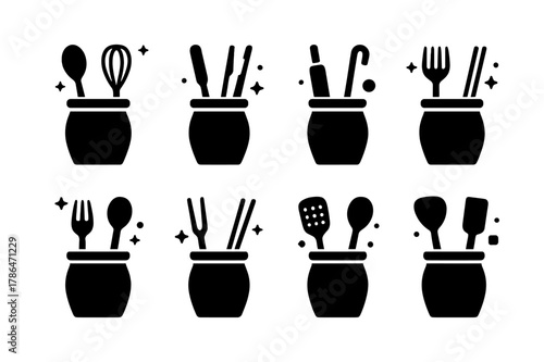 Kitchen Utensil Icons. Kitchen Utensil Holder. Solid icons set of Kitchen Utensil Holder: ceramic jar, wooden spoon, whisk, spatula, tongs, rolling pin, ladle,