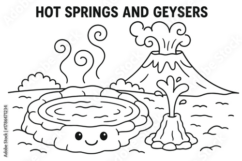 Hot Springs Coloring Page. Hot springs and geysers children?s coloring book illustration, outlined drawing, a smiling hot spring pool and a tiny geyser beside