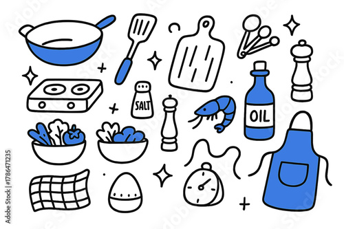 Vibrant Kitchen Doodles. // Kitchen setup. Hand-drawn doodle illustration Kitchen setup [wok (accented), spatula (accented), cutting board (accented), stove,
