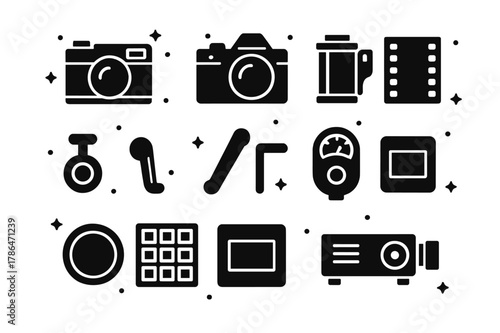 35mm Film Icons. 35mm Film Era. Solid icons set of 35mm Film Era: rangefinder camera, SLR camera, film cassette, sprocket holes, rewind crank, advance lever,