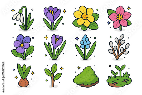 Early Spring Flora Icons. Early spring flora. Colorful isometric vector icons set of Early spring flora: snowdrop, crocus, primrose, hellebore, violet,