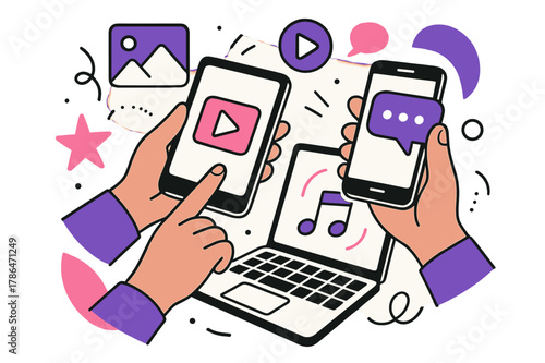 Multitasking Media Interaction. Media Consumption Habits. Close-up of hands interacting with multiple devices with floating abstract geometric media icons,