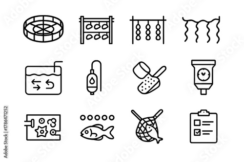 Sustainable Aquaculture Icons. Sustainable Aquaculture. Line icon set of Sustainable Aquaculture: fish farm pen, oyster rack, mussel longline, seaweed rope,