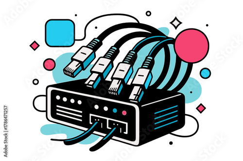 Network Cables Artistry. Server Rack. Close-up of network cables connected to server rack with floating abstract geometric shapes and soft glowing accents,