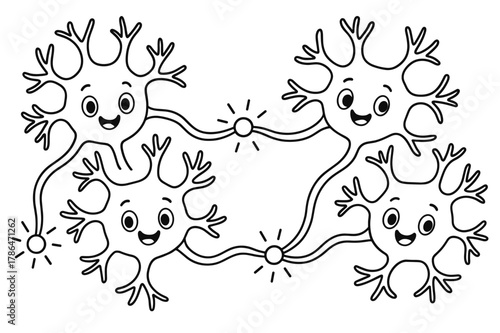 Friendly Neurons Coloring Page. Brain connections children?s coloring book illustration, outlined drawing, a group of friendly neuron characters linking