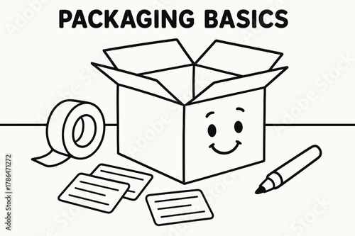 Packaging Fun for Kids. Packaging Basics children?s coloring book illustration, outlined drawing, a smiling cardboard box with open flaps, a roll of packing