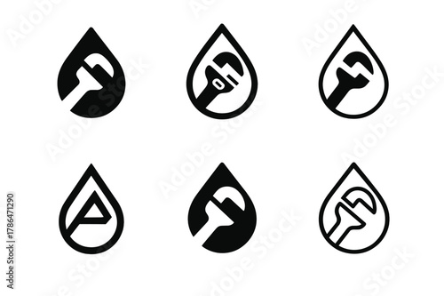 Home Maintenance Logos. Home maintenance tips. Set Logo of Home maintenance tips: water droplet with pipe wrench. Icon set. harmonious logo variations of the