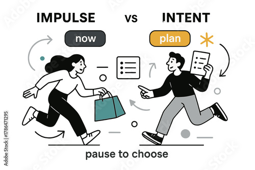 Impulse vs Intent. Shopping Habits ? Impulse vs Intent. Two buttons hover: ?now? flickers and ?plan? glows steady; a list icon anchors the scene. Caption