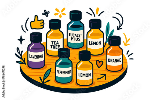 Colorful Essential Oils Display. Fragrant essential oils. A set of colorful, glass bottles filled with various essential oils, arranged in a circular pattern