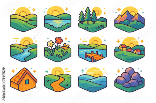 Dawn Landscape Icons. dawn landscapes. Colorful isometric vector icons set of dawn landscapes: rolling hills, calm lake, pine trees, mountain ridge, winding