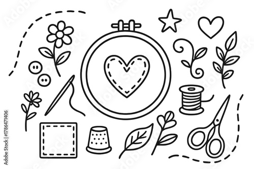 Embroidery Tools Icons. Embroidery patterns. Hand-drawn doodle illustration embroidery patterns hoop, needle, thread, flower, heart, leaf, swirl, stitch line,