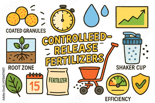 Fertilizer Icons and Symbols. Controlled-release fertilizers. Colorful Hand-drawn doodle Children illustration Controlled-release fertilizers coated granules,