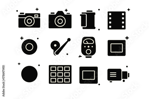 35mm Film Icons. 35mm Film Era. Solid icons set of 35mm Film Era: rangefinder camera, SLR camera, film cassette, sprocket holes, rewind crank, advance lever,