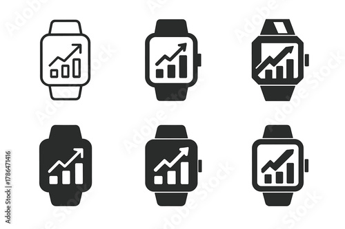 Sports Performance Logos. Sports performance tracking. Set Logo of Sports performance tracking: smartwatch face with rising chart. harmonious logo variations