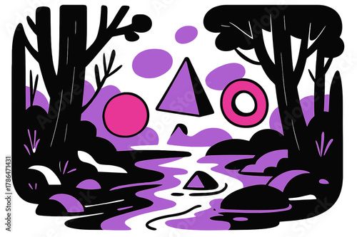 Geometric Forest Serenity. Silent Forest. Forest stream flowing through trees with floating abstract geometric shapes and light reflections, calm and serene