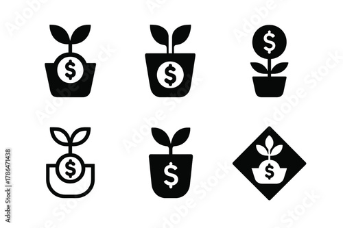 Budget Home Decor Icons. Home decor on a budget. Icon set. Set Logo of Home decor on a budget: indoor potted plant. harmonious logo variations of the same
