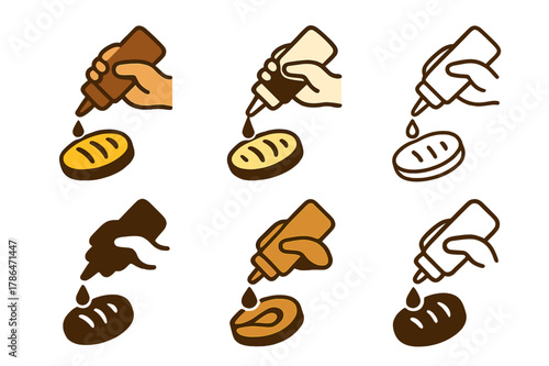 Balsamic Glaze Emblems. A chef adding a drizzle of balsamic glaze over a dish of grilled vegetables. Set Logo of A chef adding a drizzle of balsamic glaze over