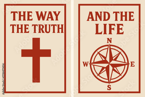 Truth and Way Banners. Truth and Way. Two vertical A6 banners with safe margins, centered composition, no elements touching edges, bold, red and beige, cross