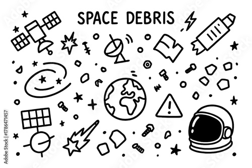 Space Debris Doodles. Space debris. Hand-drawn doodle illustration space debris satellite, rocket fragment, broken antenna, orbit path, Earth, space junk