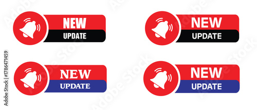 New update notification label set in red and blue  modern alert banner vector design for app updates, software notifications, web UI, UX, and digital interface projects