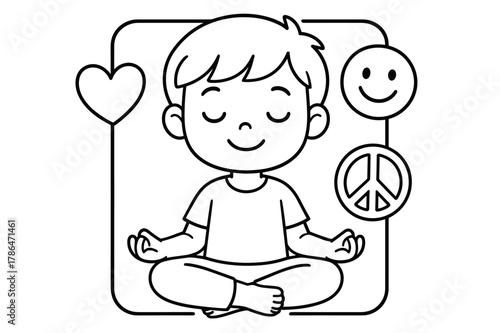 Kids' Peaceful Meditation. Meditation and emotions children?s coloring book illustration, outlined drawing, a child sitting calmly surrounded by heart, smile,