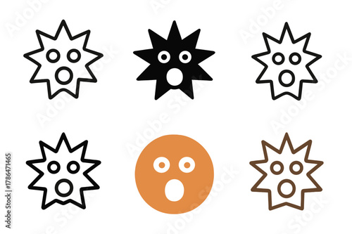 Startled Face Logos. Startled face. Set Logo of Startled face: starburst around eyes. harmonious logo variations of the same emblematic concept, each with