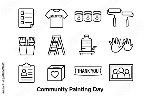 Community Painting Icons. Community Painting Day. Line icon set of Community Painting Day: sign up sheet, volunteer t shirt, paint buckets, roller trays, brush