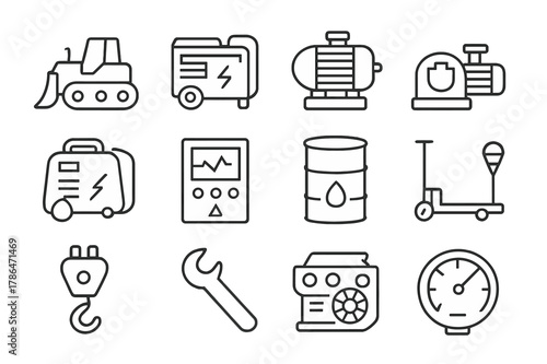Industrial Icon Set. Industrial equipment. Line icon set of industrial equipment: bulldozer, generator, compressor, pump, welding machine, control panel, oil