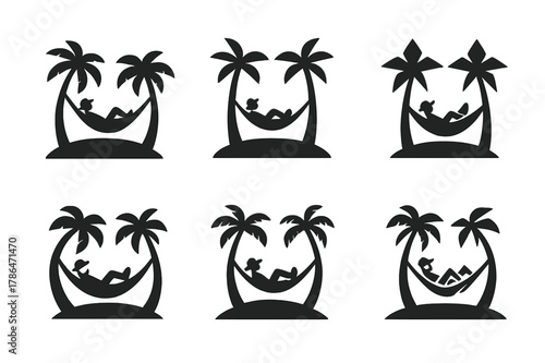 Tropical Island Hammock. A traveler relaxing in a hammock between two palm trees, on a tropical island. Icon set. Set Logo of A traveler relaxing in a hammock