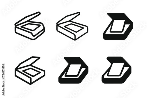 Document Scanner Icons. Using a document scanner. Set Logo of Document scanning: paper sheet being scanned. Icon set. harmonious logo variations of the same